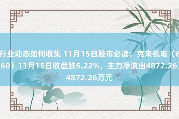 行业动态如何收集 11月15日股市必读：克来机电（603960）11月15日收盘跌5.22%，主力净流出4872.26万元