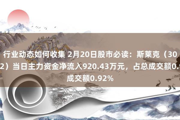 行业动态如何收集 2月20日股市必读：斯莱克（300382）当日主力资金净流入920.43万元，占总成交额0.92%